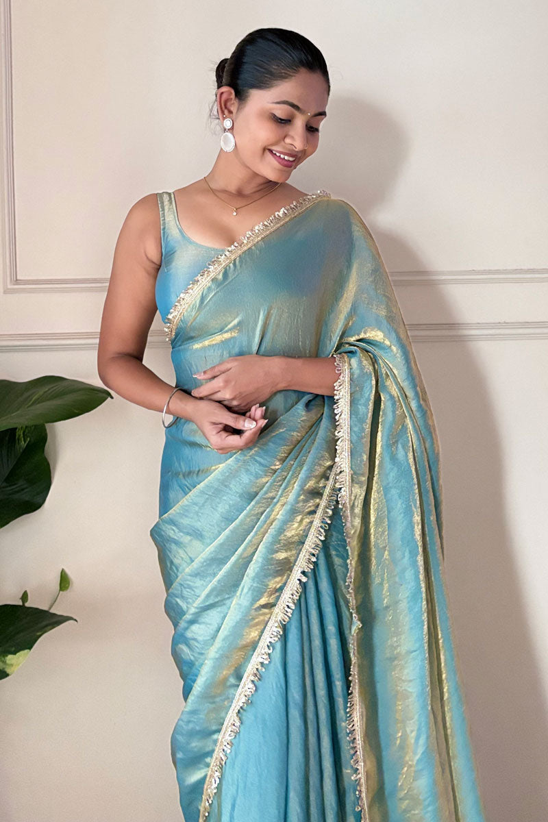 Alluring Sky Blue Color Sequince Lace Two Tone Satin Saree | Buy Online India