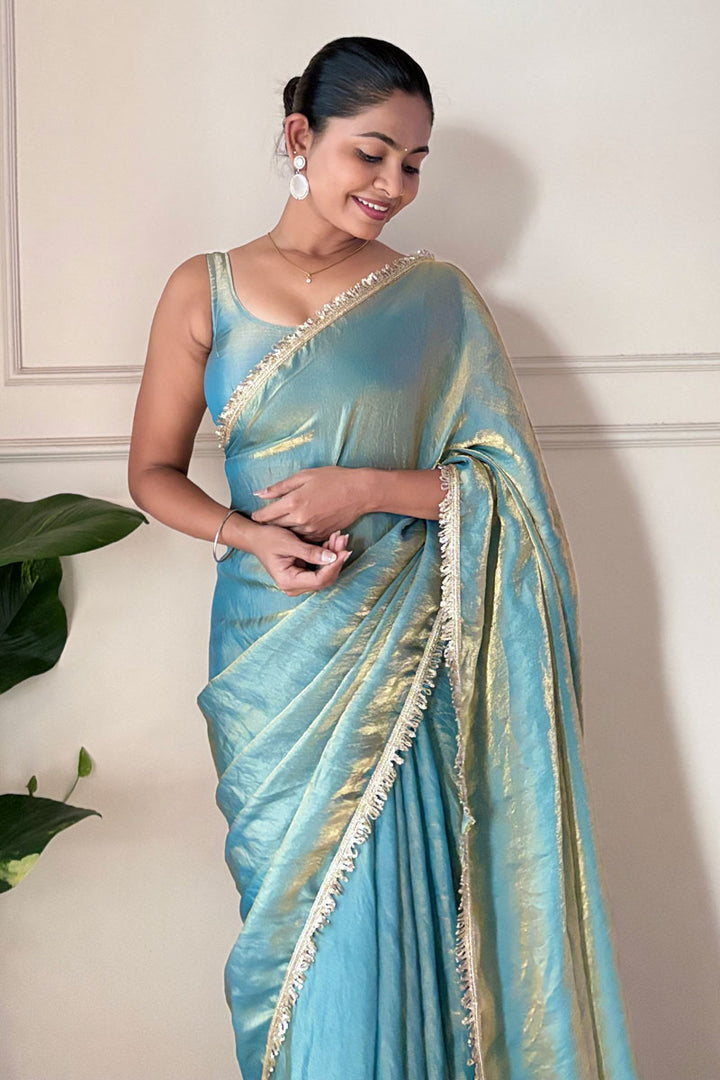 Alluring Sky Blue Color Sequince Lace Two Tone Satin Saree | Buy Online India