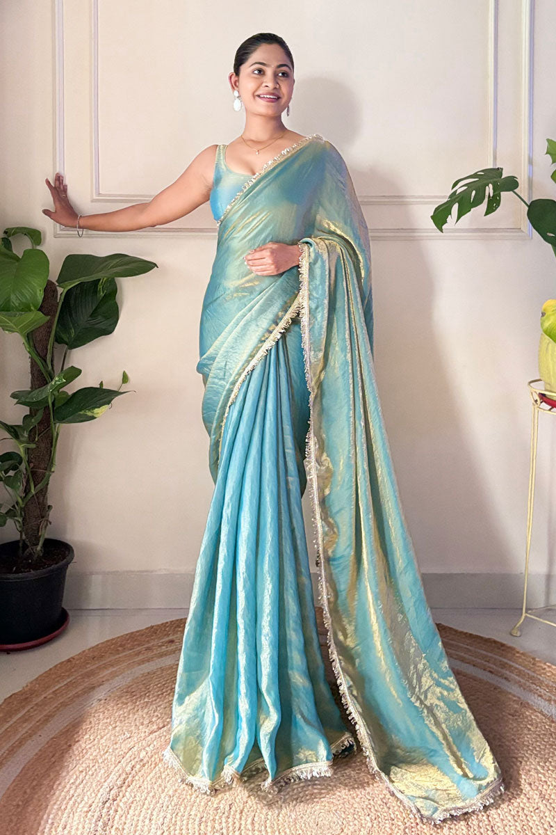 Alluring Sky Blue Color Sequince Lace Two Tone Satin Saree | Buy Online India