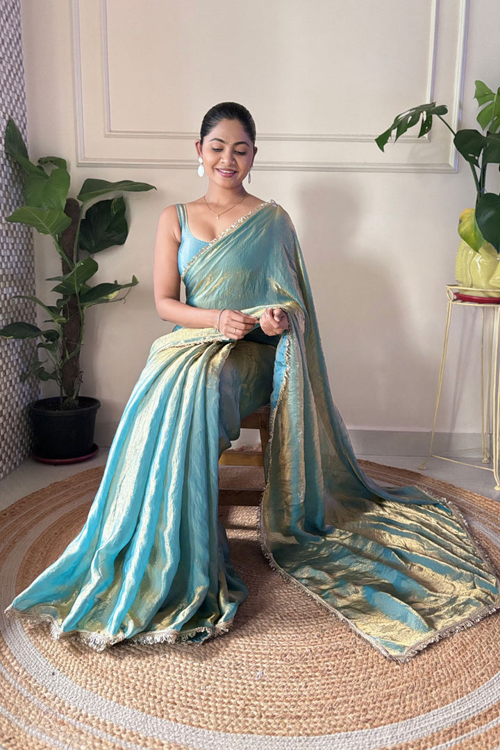 Alluring Sky Blue Color Sequince Lace Two Tone Satin Saree | Buy Online India