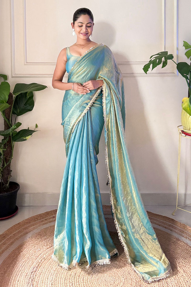 Alluring Sky Blue Color Sequince Lace Two Tone Satin Saree | Buy Online India