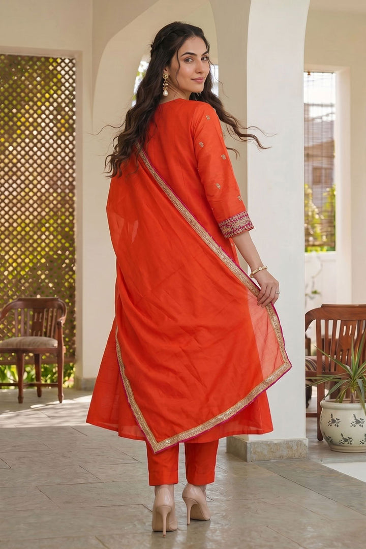 Orange Readymade Embroidered Silk Salwar Suit