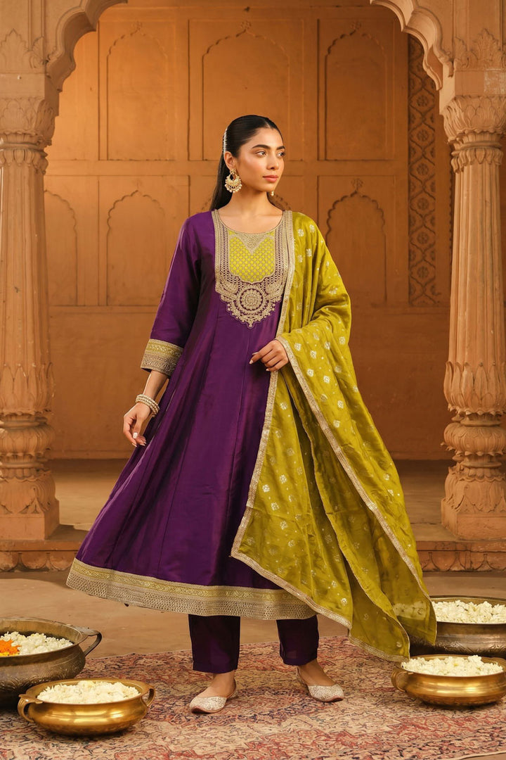 Vichitra Silk Wine Color Readymade Salwar Suit
