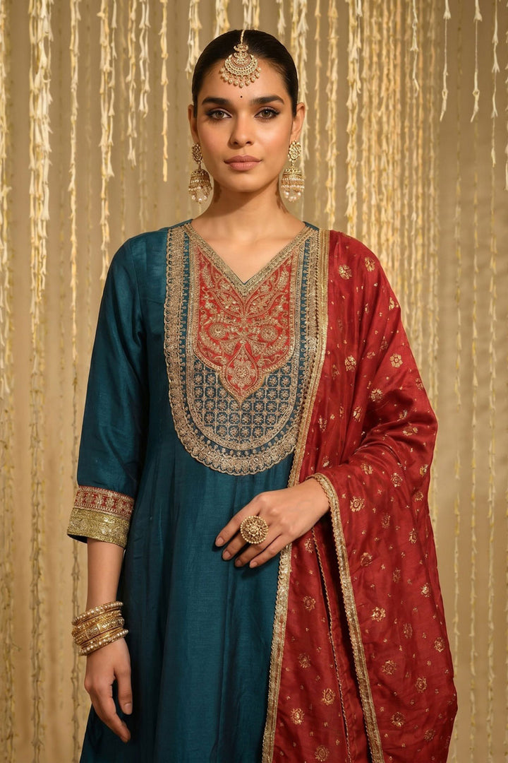 Teal Color Vichitra Silk Readymade Salwar Suit