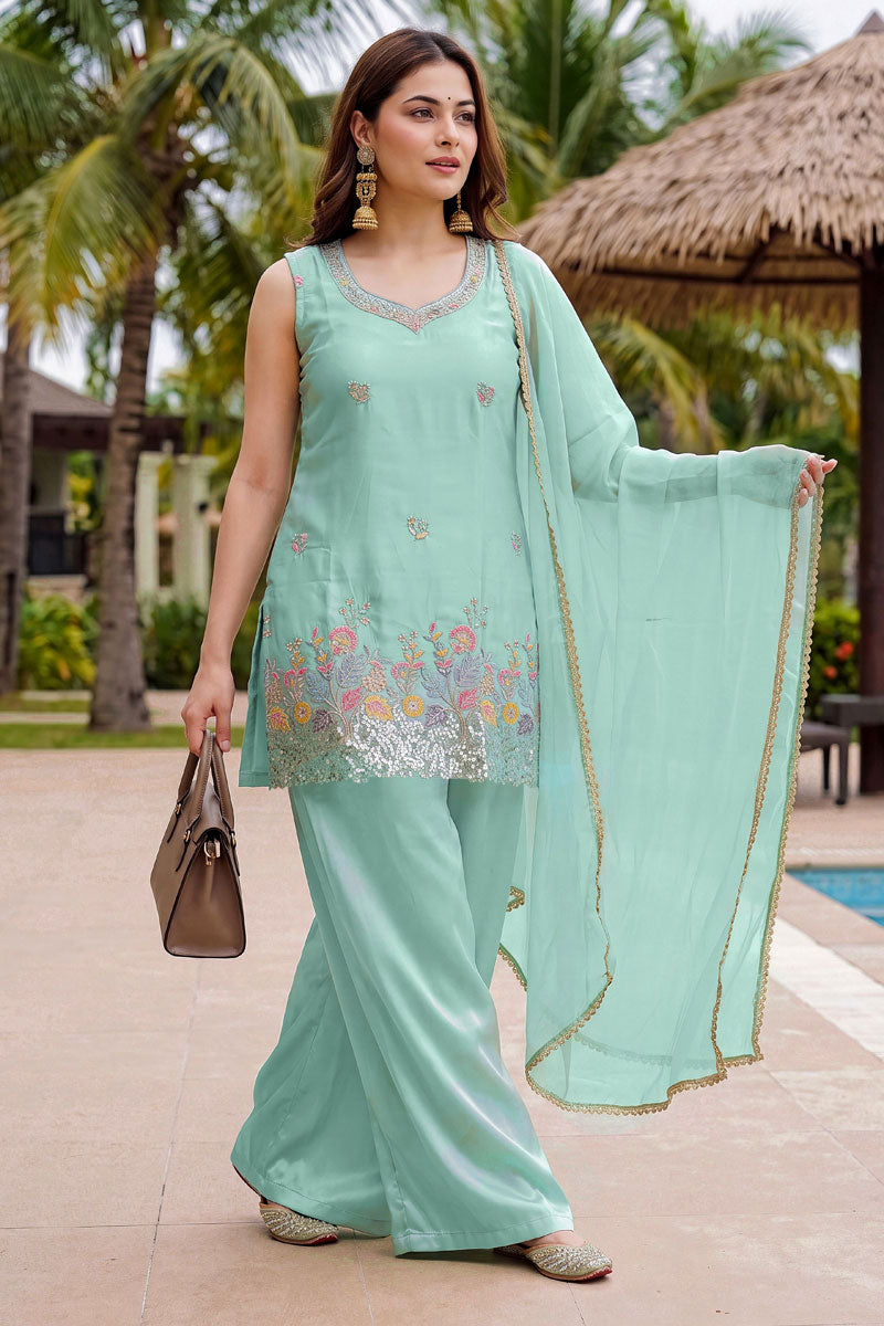 Festive Style Sea Green Crepe Fabric Readymade Salwar Suit