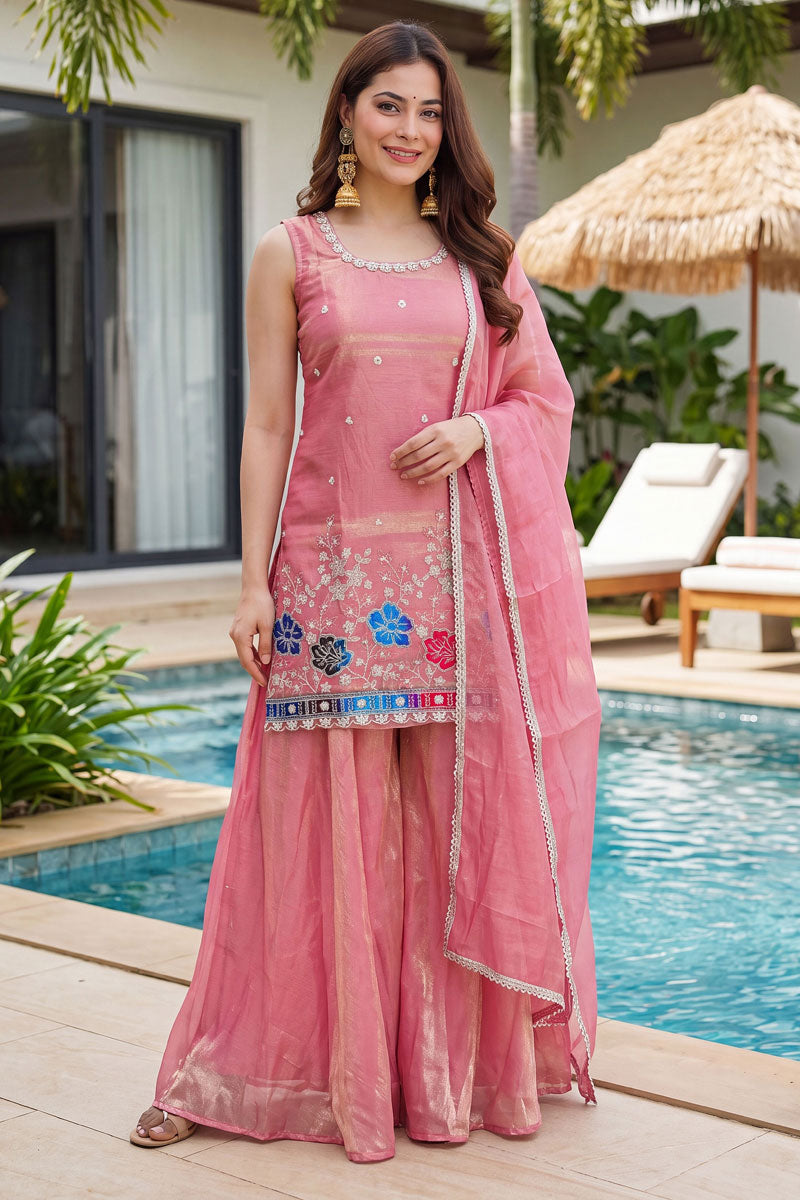 Art Silk Fabric Peach Color Readymade Palazzo Suit