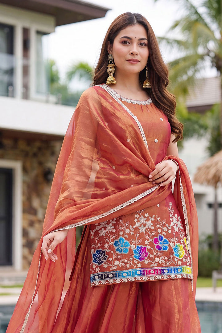 Festive Style Rust Color Art Silk Readymade Palazzo Suit