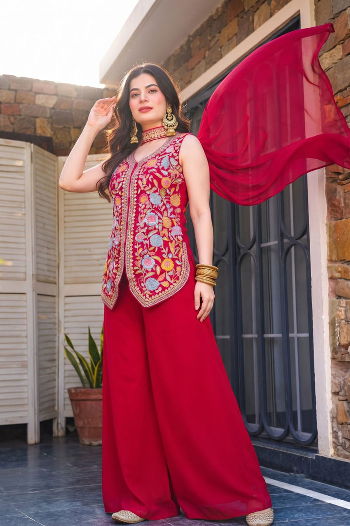 Georgette Fabric Rani Color Readymade Salwar Suit