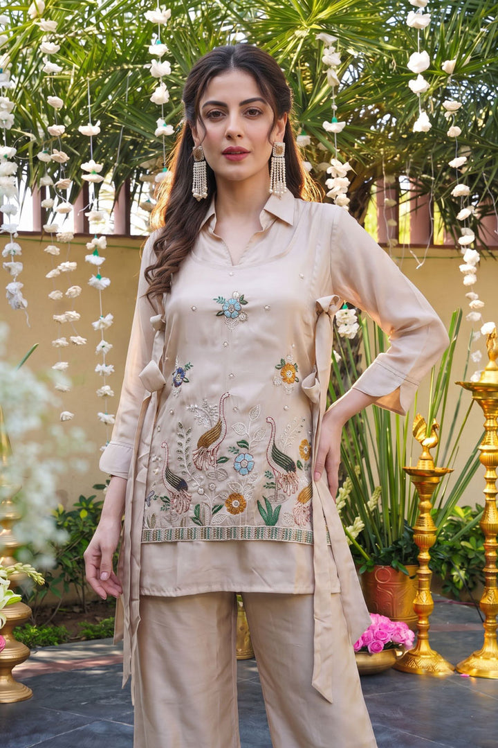 Viscose Fabric Cream Color Readymade Co-Ord Set