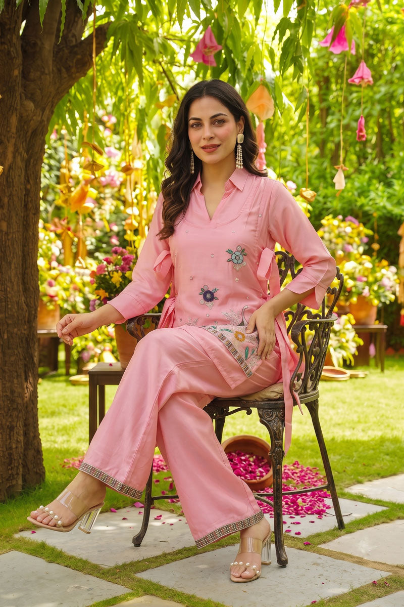 Viscose Fabric Peach Color Readymade Co-Ord Set For Festive
