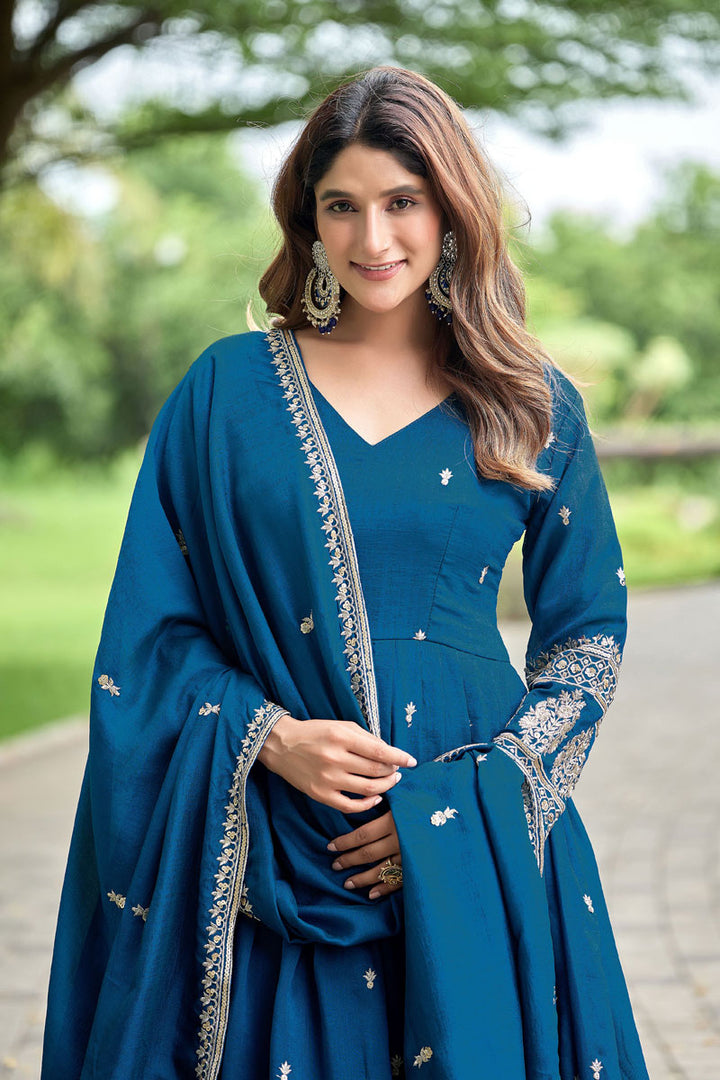 Art Silk Blue Stylish Look Readymade Gown With Dupatta