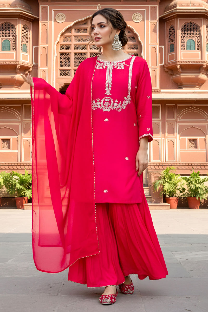 Festive Style Pink Viscose Silk Readymade Palazzo Suit