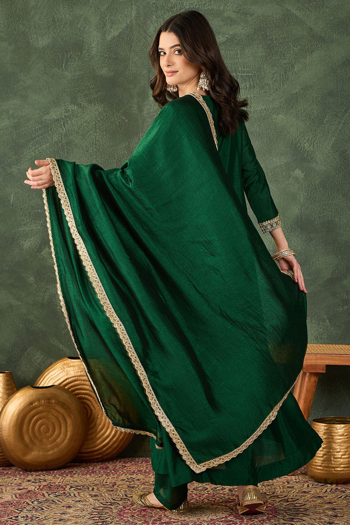 Vichitra Fabric Green Salwar Suit With Embroidered Work