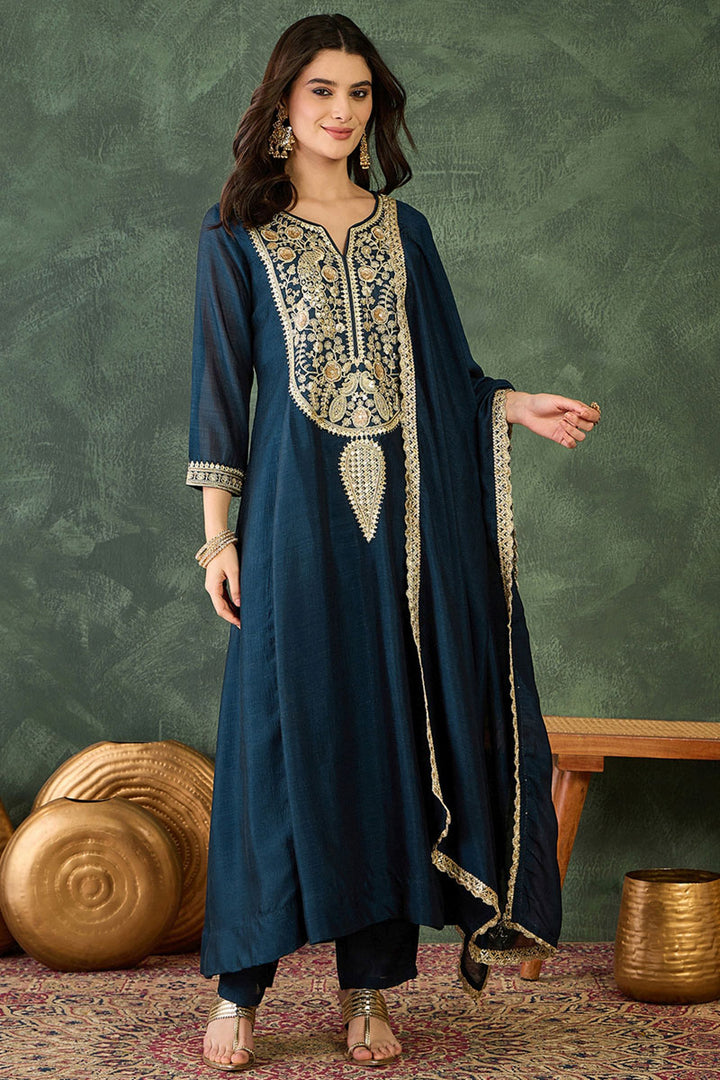 Engaging Teal Color Vichitra Fabric Readymade Salwar Suit