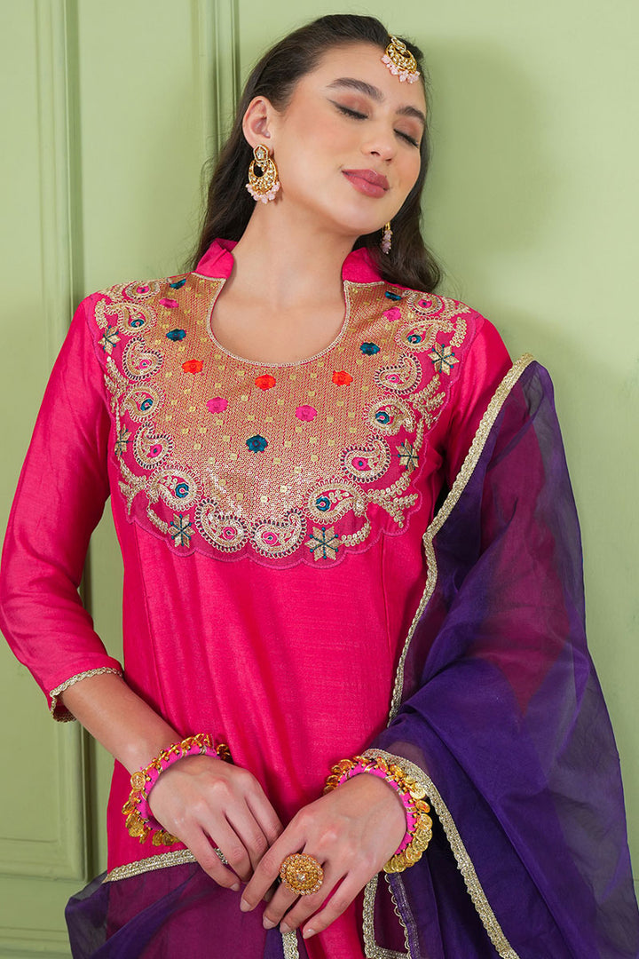 Classic Embroidered Work On Pink Readymade Salwar Suit