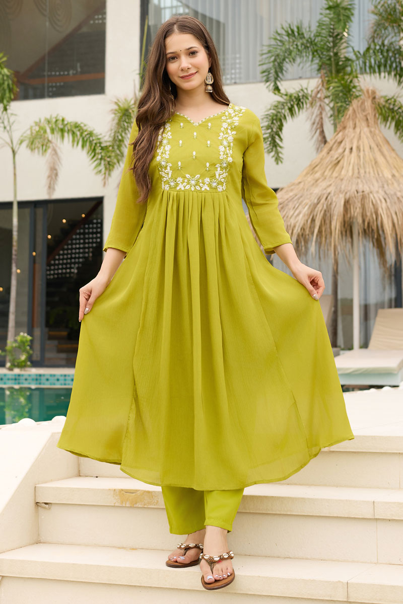 Engaging Yellow Chinon Fabric Readymade Salwar Suit