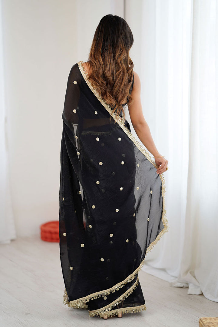 Party Style Satin Lace Work Saree In Black Color | Buy Online India