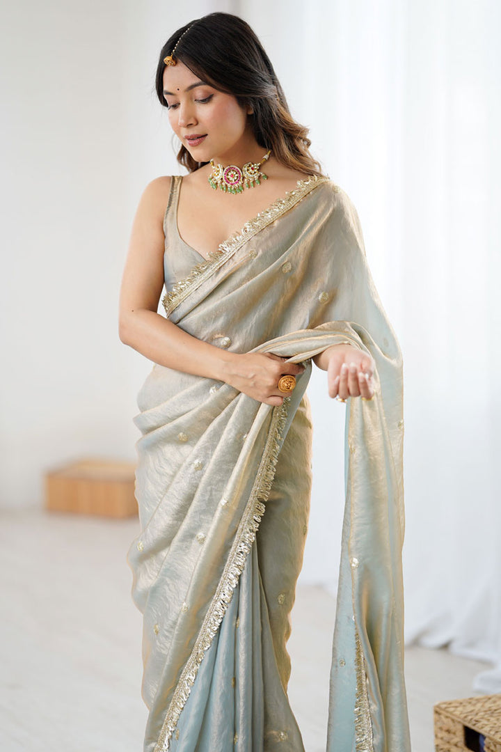 Party Style Tow Tone Satin Lace Work Saree In Grey Color | Buy Online India