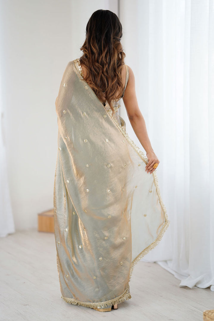 Party Style Tow Tone Satin Lace Work Saree In Grey Color | Buy Online India
