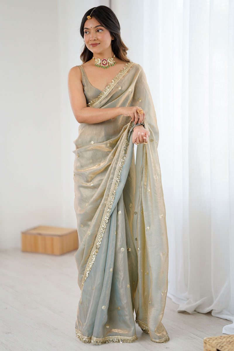Party Style Tow Tone Satin Lace Work Saree In Grey Color | Buy Online India