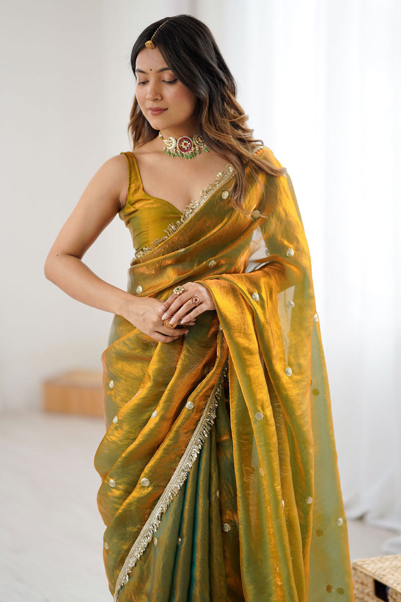 Elegant Mustard Tow Tone Satin Lace Work Saree For Party | Buy Online India