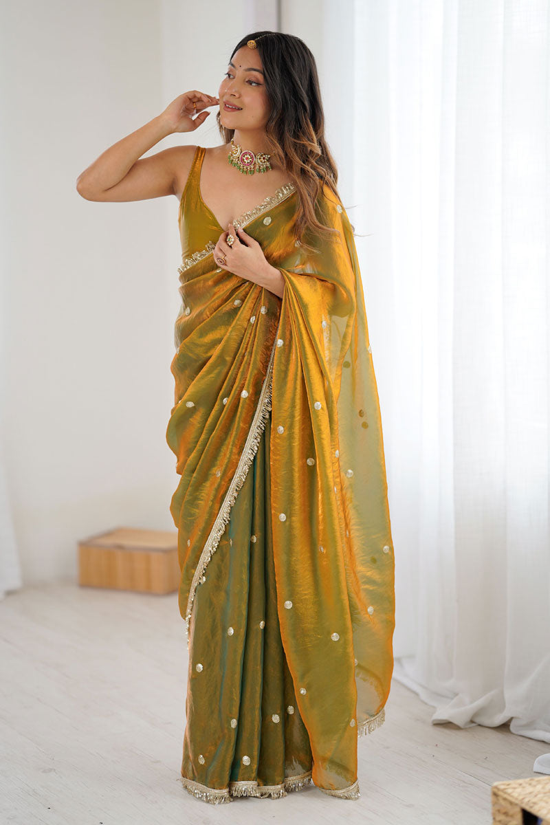Elegant Mustard Tow Tone Satin Lace Work Saree For Party | Buy Online India