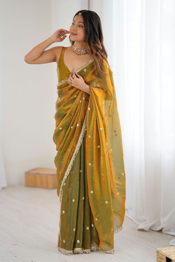 Elegant Mustard Tow Tone Satin Lace Work Saree For Party | Buy Online India