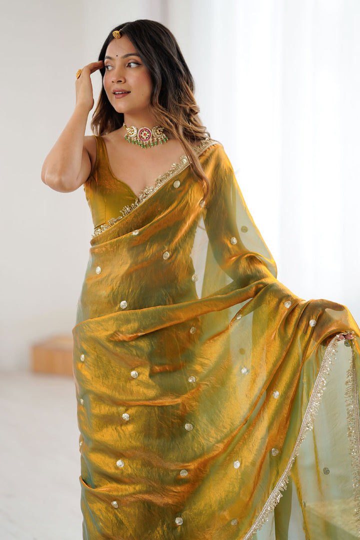 Elegant Mustard Tow Tone Satin Lace Work Saree For Party | Buy Online India