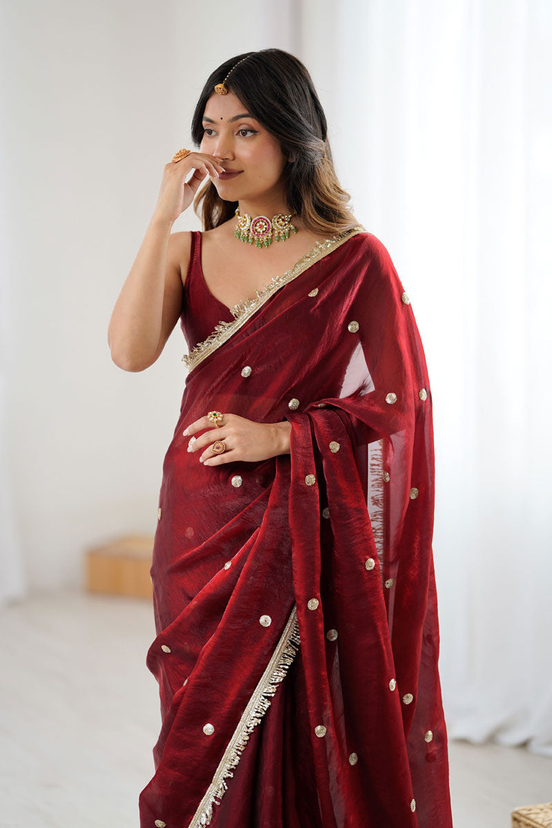 Maroon Satin Lace Work Party Style Saree | Buy Online India