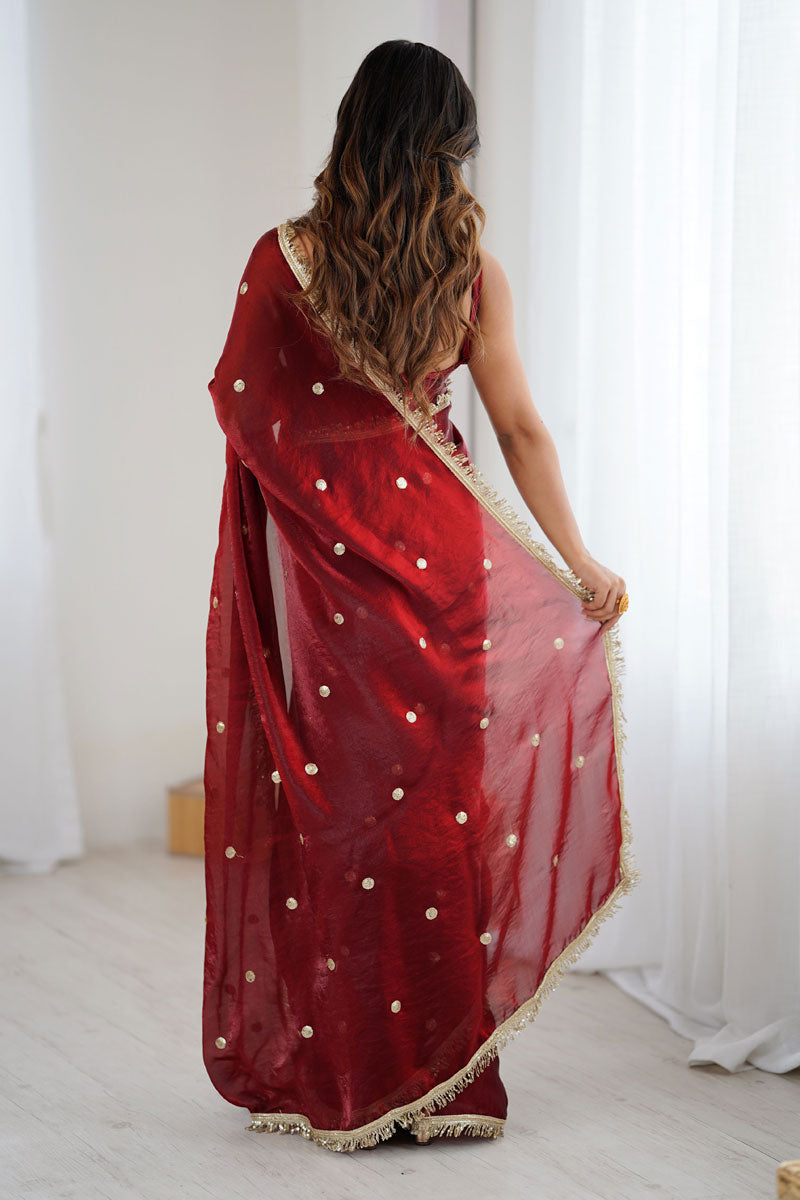 Maroon Satin Lace Work Party Style Saree | Buy Online India