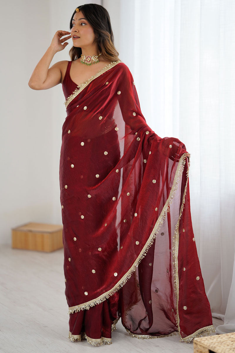 Maroon Satin Lace Work Party Style Saree | Buy Online India