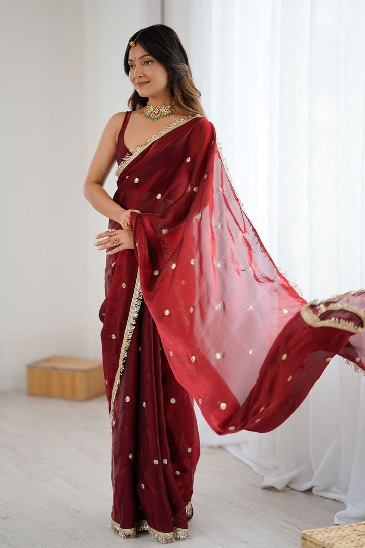 Maroon Satin Lace Work Party Style Saree | Buy Online India