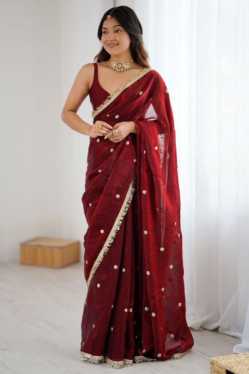 Maroon Satin Lace Work Party Style Saree | Buy Online India