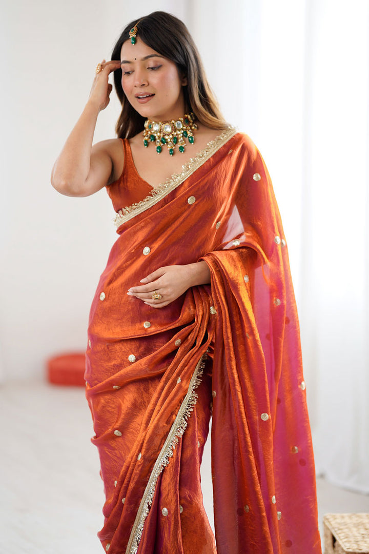 Rust Color Tow Tone Satin Lace Work Party Style Saree | Buy Online India