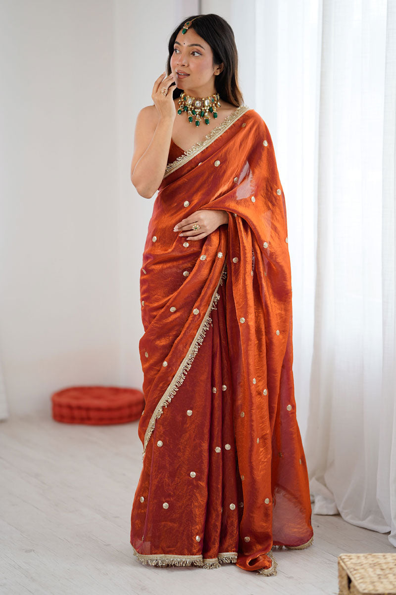 Rust Color Tow Tone Satin Lace Work Party Style Saree | Buy Online India