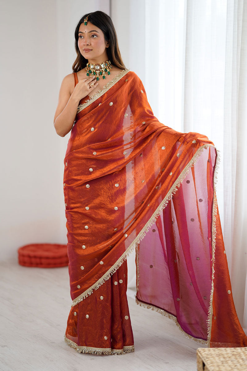 Rust Color Tow Tone Satin Lace Work Party Style Saree | Buy Online India