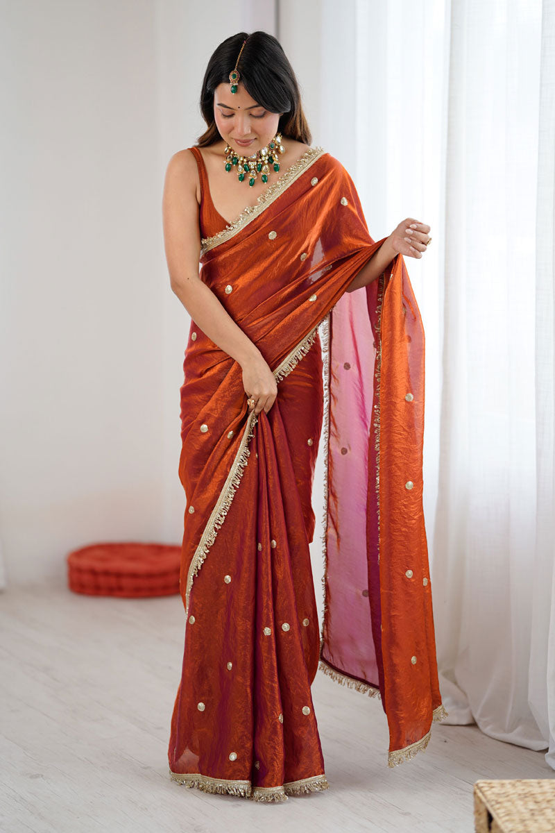 Rust Color Tow Tone Satin Lace Work Party Style Saree | Buy Online India