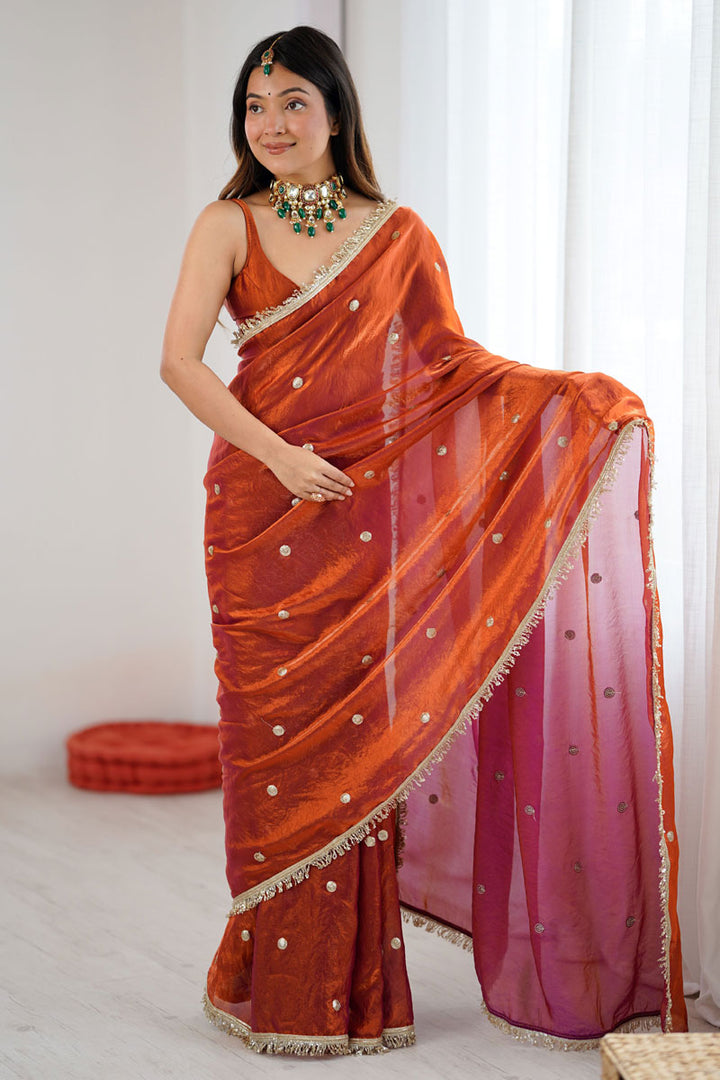 Rust Color Tow Tone Satin Lace Work Party Style Saree | Buy Online India