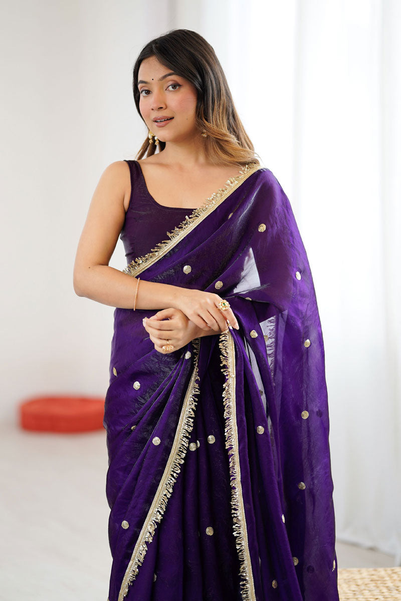 Party Look Satin Lace Work Saree In Purple Color | Buy Online India
