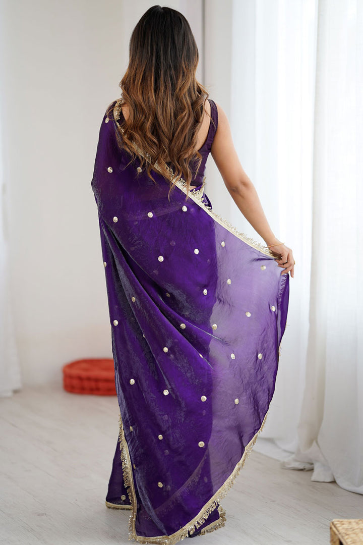 Party Look Satin Lace Work Saree In Purple Color | Buy Online India