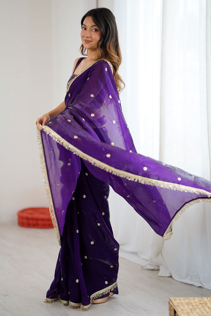 Party Look Satin Lace Work Saree In Purple Color | Buy Online India