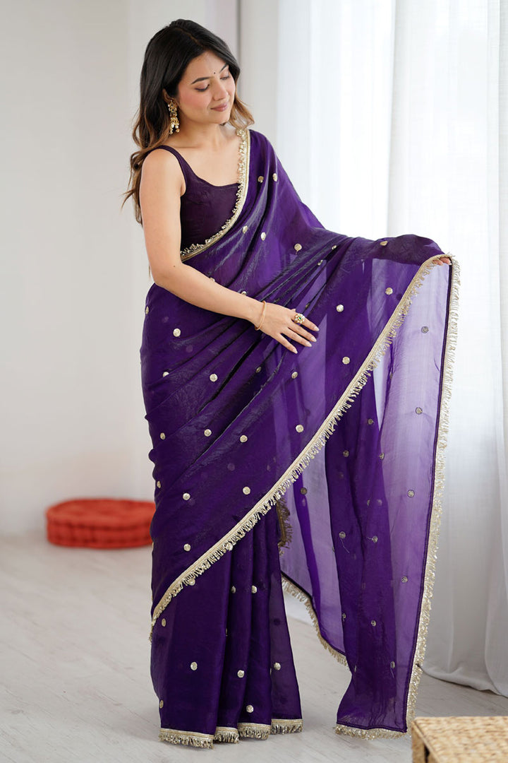 Party Look Satin Lace Work Saree In Purple Color | Buy Online India
