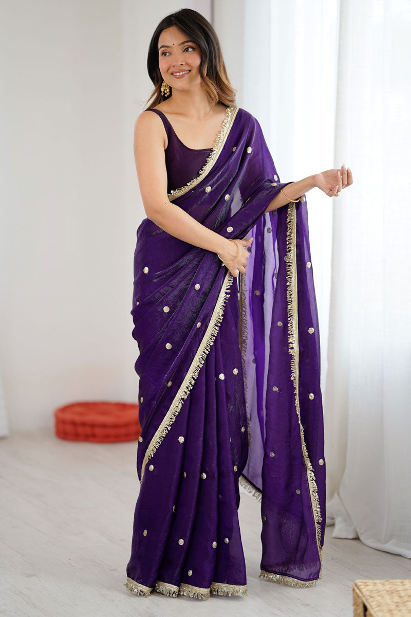 Party Look Satin Lace Work Saree In Purple Color | Buy Online India