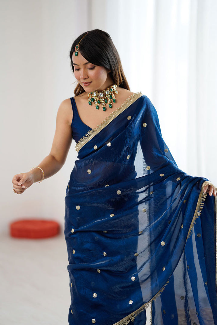 Radiance Blue Party Style Satin Lace Work Saree | Buy Online India