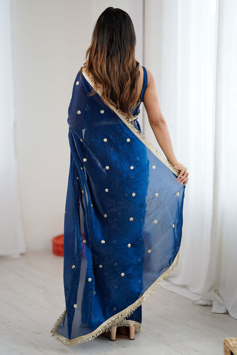 Radiance Blue Party Style Satin Lace Work Saree | Buy Online India