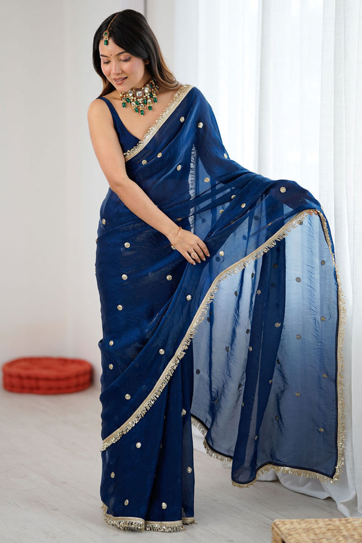 Radiance Blue Party Style Satin Lace Work Saree | Buy Online India