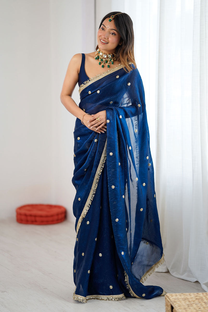 Radiance Blue Party Style Satin Lace Work Saree | Buy Online India