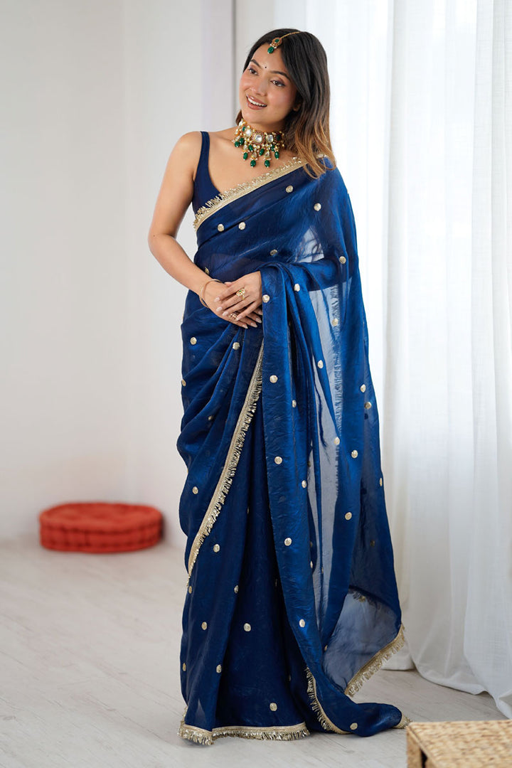 Radiance Blue Party Style Satin Lace Work Saree | Buy Online India