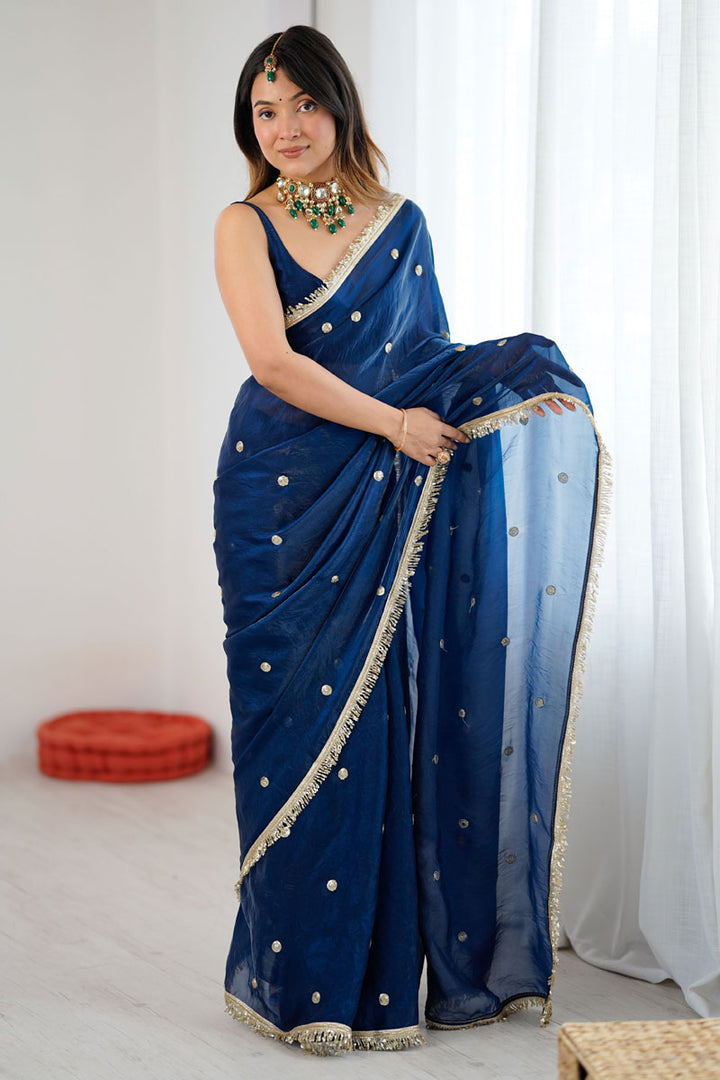 Radiance Blue Party Style Satin Lace Work Saree | Buy Online India