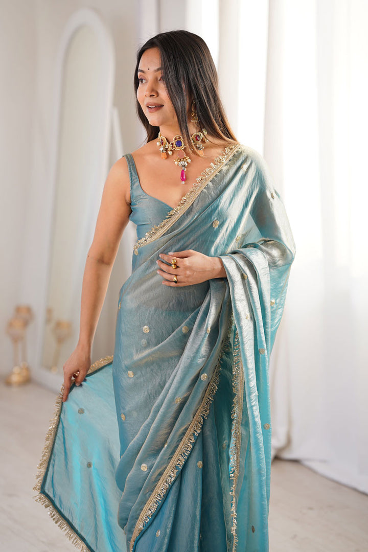 Cyan Color Party Wear Tow Tone Satin Lace Work Saree | Buy Online India